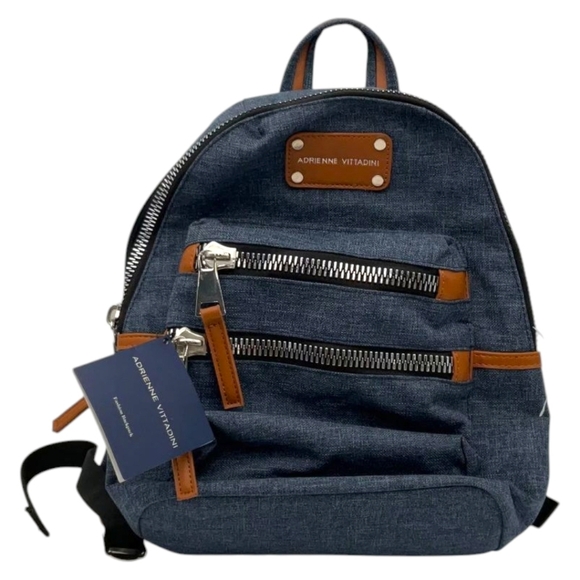 Adrienne Vittadini NWT Dark Denim Tan Trim Backpack - Picture 1 of 3